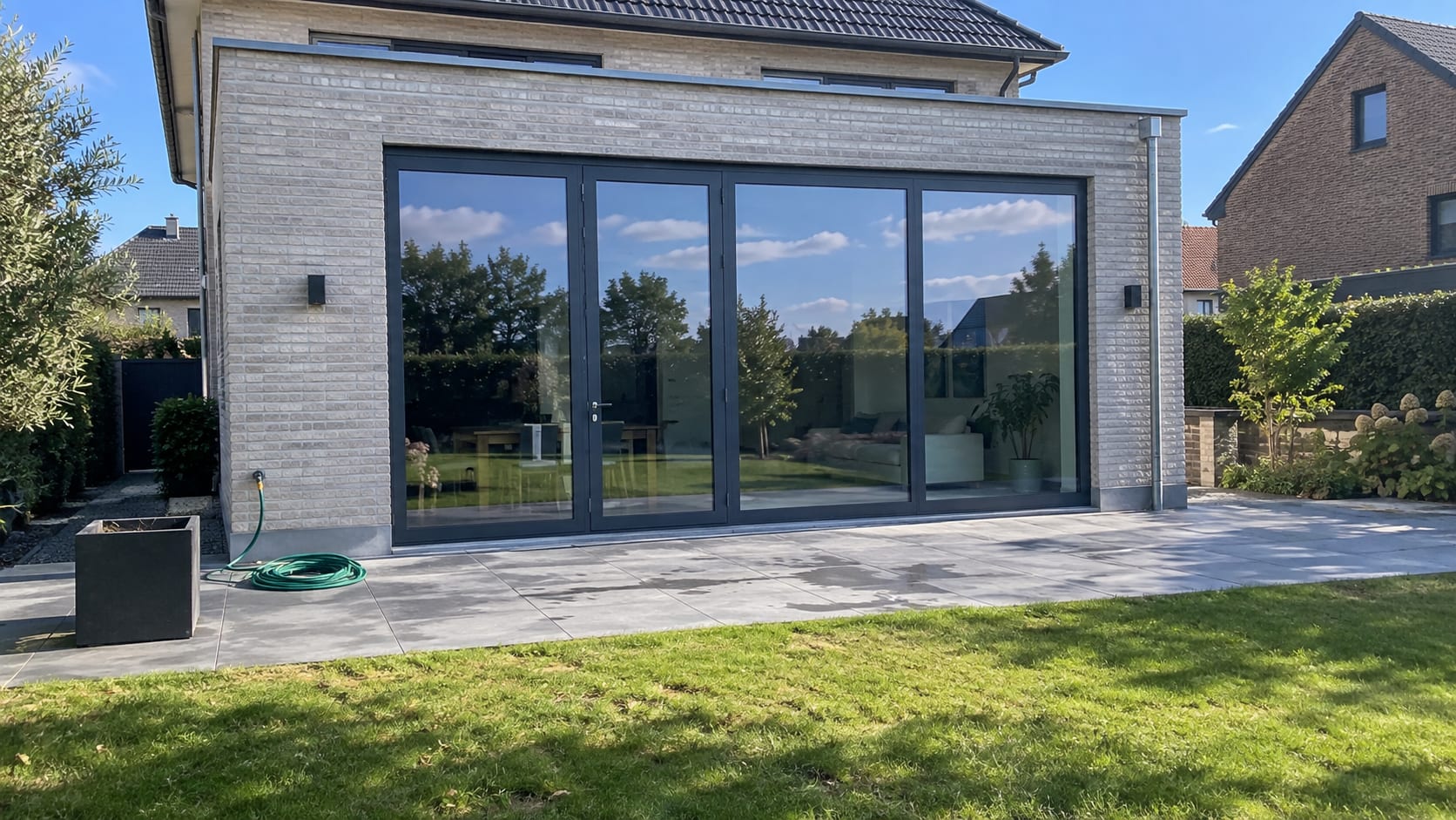 Tuingevel van een vrijstaande villa met een raampartij van vloer tot plafond in antraciet aluminium