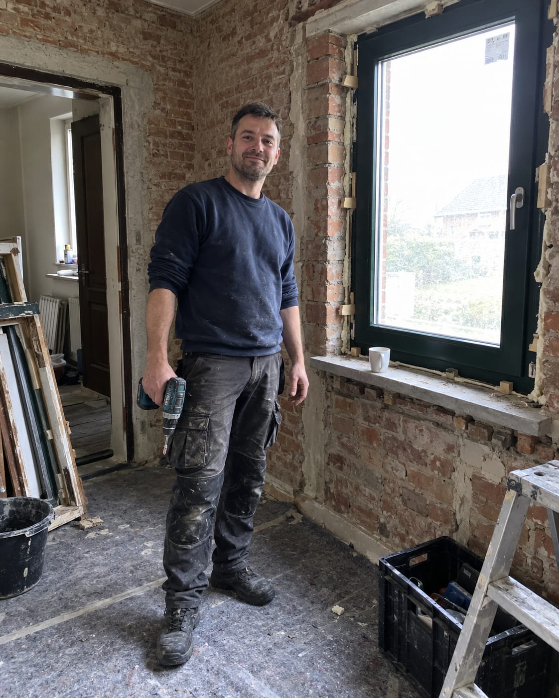 De eigenaar in de voorkamer van een oude boerderij die verbouwd wordt, naast een net geplaatst houten kozijn