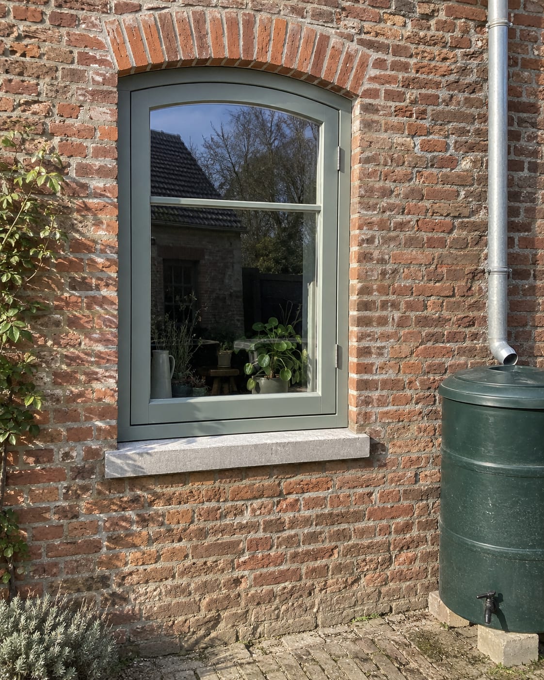 Nieuw houten kozijn met een draairaam onder een gemetselde segmentboog in een oude bakstenen boerderijgevel