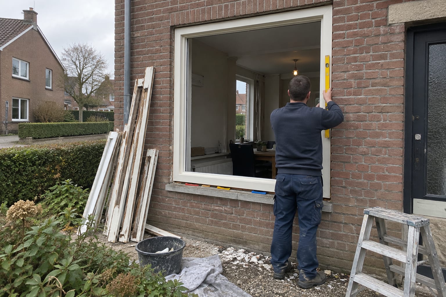 Vakman houdt een waterpas tegen een nieuw crèmewit kunststof kozijn in de gevel van een naoorlogse woning