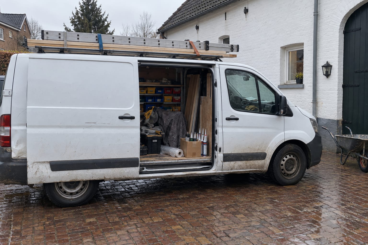 Een witte bestelbus met open schuifdeur en ladders op het dak, op een klinkeroprit in het dorp
