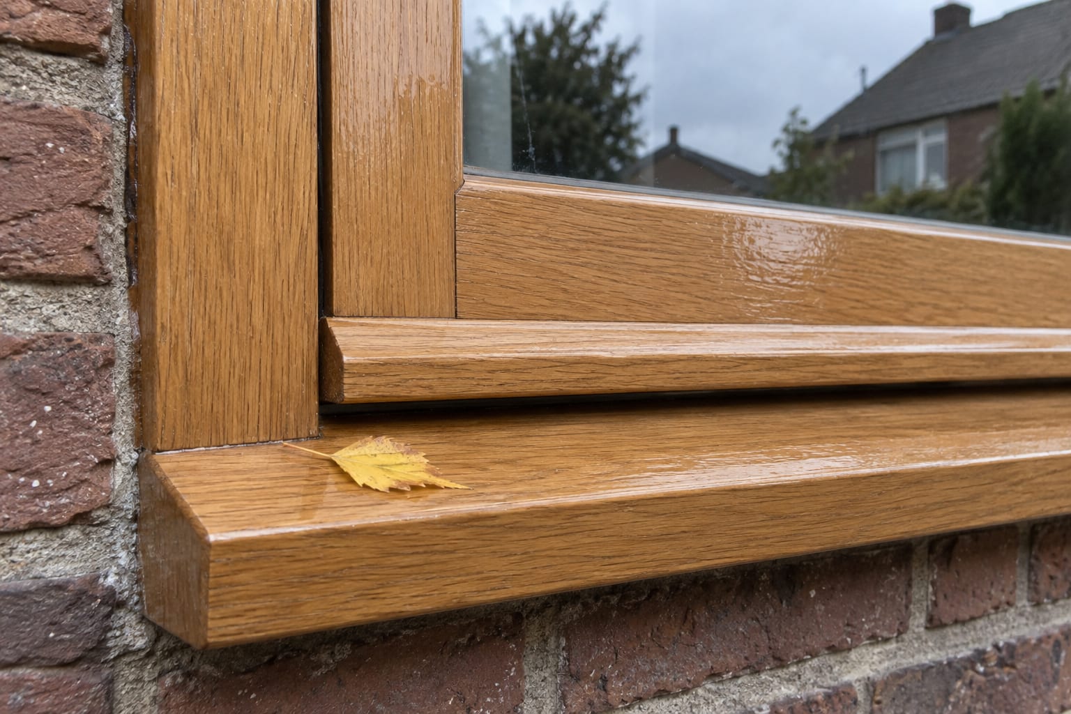 Onderhoek van een blank gelakt eiken kozijn met hardhouten onderdorpel